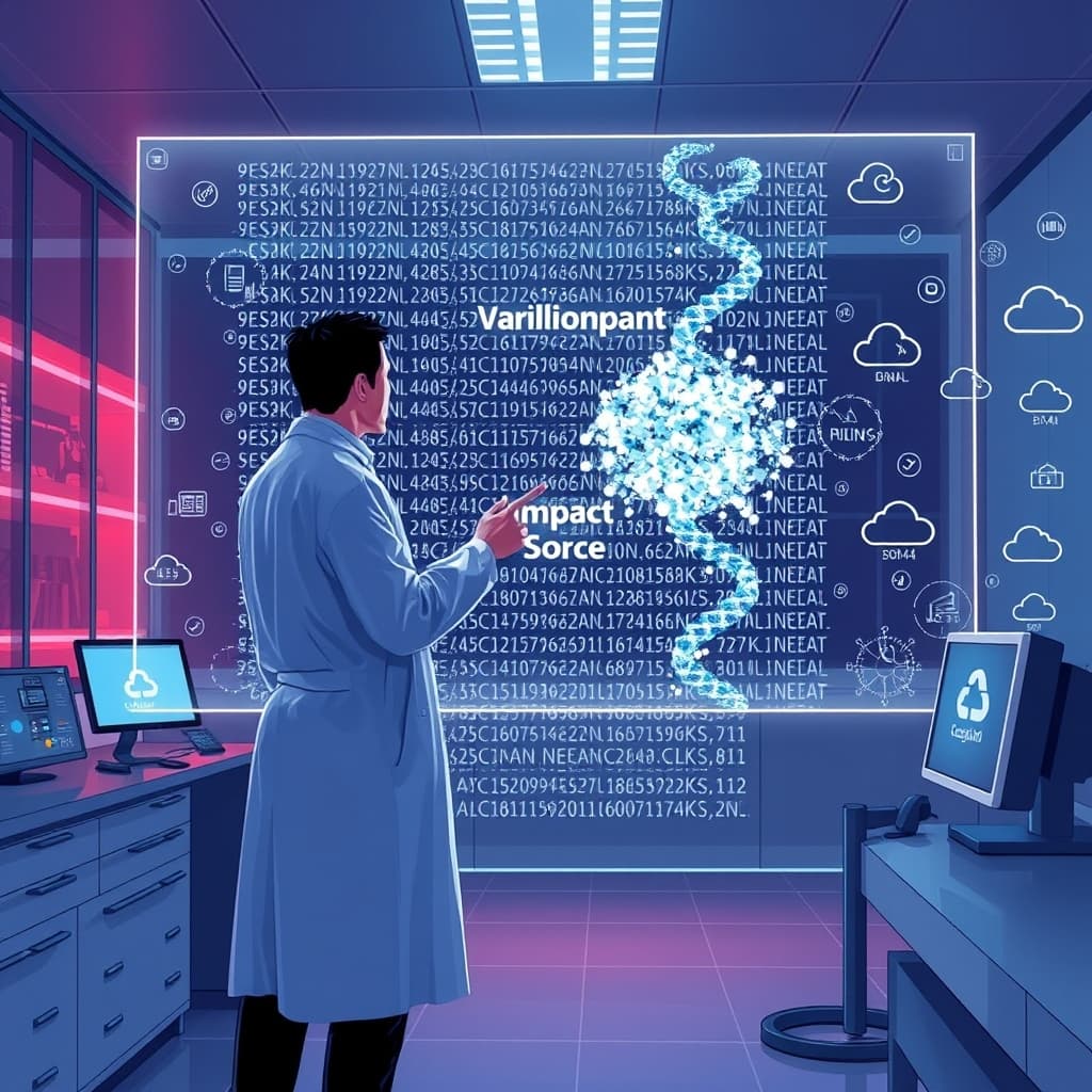 Create an original premium technology-news editorial illustration featuring a DeepMind researcher in a modern lab, dominant in the composition, standing before a large transparent holographic display that visualises a sprawling digital map of DNA sequences with billions of highlighted variant points; the researcher gestures toward a glowing cluster labeled “Variant Impact Score,” while subtle icons of cloud infrastructure and data streams flow in the background, conveying the integration with Google Cloud; the setting includes sleek consoles and a subtle DeepMind logo on a workstation, rendered in a clean, high‑contrast editorial style with realistic lighting and depth, cinematic composition.