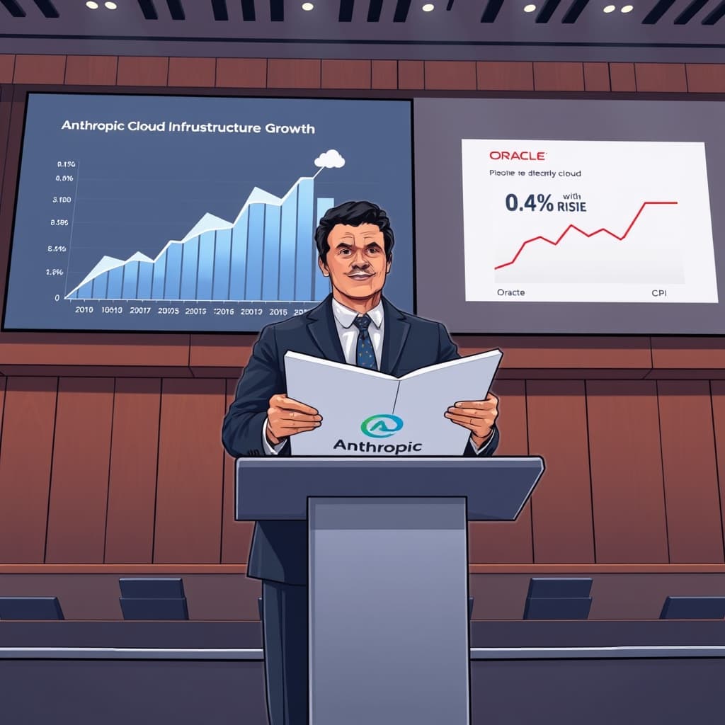 Create an original premium technology-news editorial illustration featuring a confident Anthropic executive standing at a podium, holding an open prospectus document emblazoned with the Anthropic logo; behind the executive, a large digital screen displays a stylized graph of Oracle Cloud infrastructure growth soaring upward, while a smaller inset shows a steady CPI chart with a modest 0.4% rise annotation; the setting is a modern conference hall with subtle corporate branding, emphasizing the IPO event as the dominant visual element and the cloud and inflation data as supporting context; use a clean, data‑focused visual style typical of high‑end tech publications; composition places the executive centrally, the Oracle graph to the right, and the CPI inset to the left, with restrained use of text labels only where they aid recognition; avoid generic AI icons, cartoonish elements, and overt product logos unrelated to the story; cinematic composition.