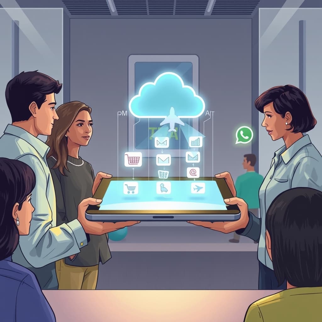 Create an original premium technology-news editorial illustration featuring a confident Meta engineer unveiling a sleek tablet displaying the Muse interface to a diverse group of everyday users; the scene shows the tablet screen projecting holographic task icons (shopping cart, email, airplane) that the AI agent is handling autonomously, while a subtle cloud-shaped server silhouette in the background hints at the virtual computer infrastructure; include a faint Meta logo on the tablet bezel for brand recognition; the composition should balance the central tablet and users with secondary elements like a WhatsApp chat bubble and a shield symbol representing privacy; render in a modern, clean editorial style with realistic lighting and a professional newsroom ambience; cinematic composition.