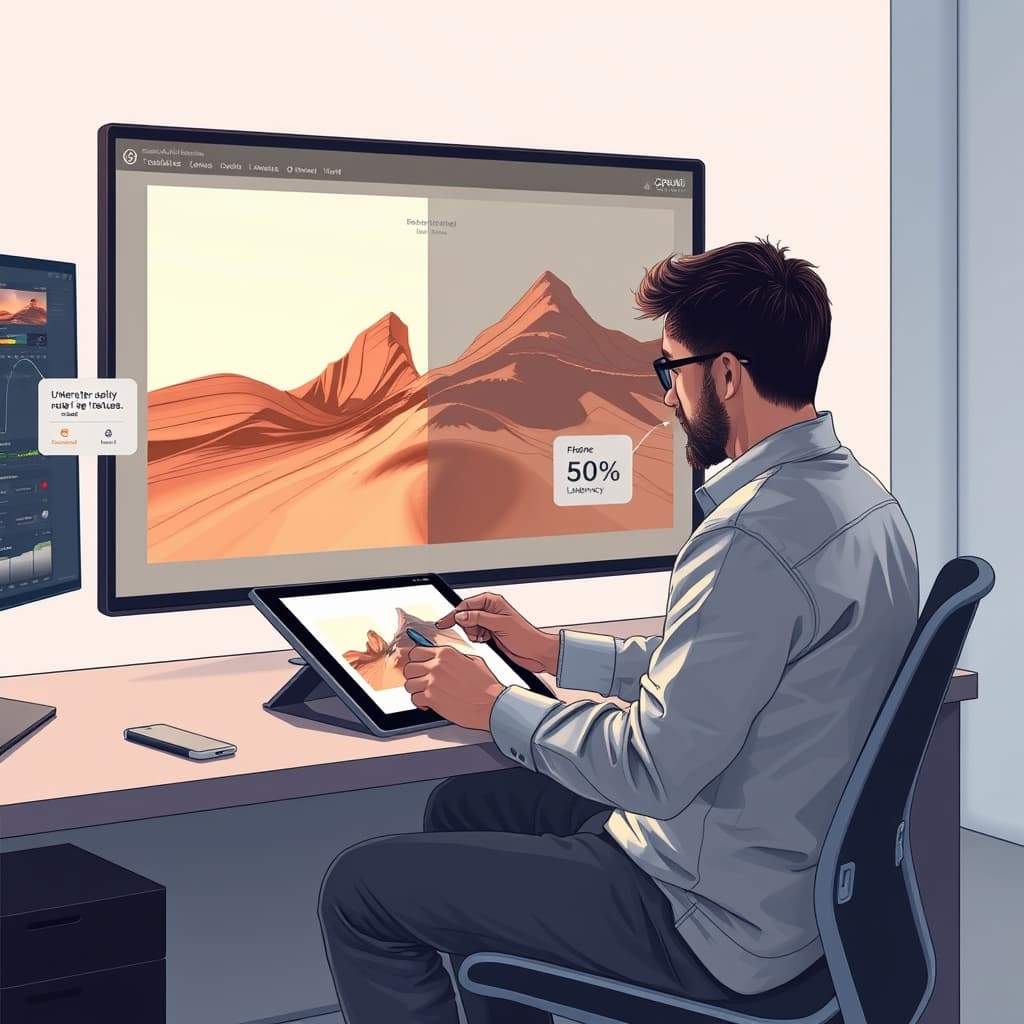 Create an original premium technology-news editorial illustration featuring a dominant OpenAI engineer seated at a sleek workstation, sketching on a digital tablet that projects a vivid, high‑resolution image onto a large screen; the screen displays a side‑by‑side comparison of a before‑and‑after edit, highlighting sharper lighting and richer textures, while floating UI icons represent the Sketch tool, templates, comment bubbles, and API model names Flare and Sunburst; in the background, a subtle timeline graphic illustrates a 50 percent reduction in latency; the visual style should be clean, modern, and suitable for a high‑end tech publication, with realistic lighting and a focus on the human‑centered creative process; cinematic composition.