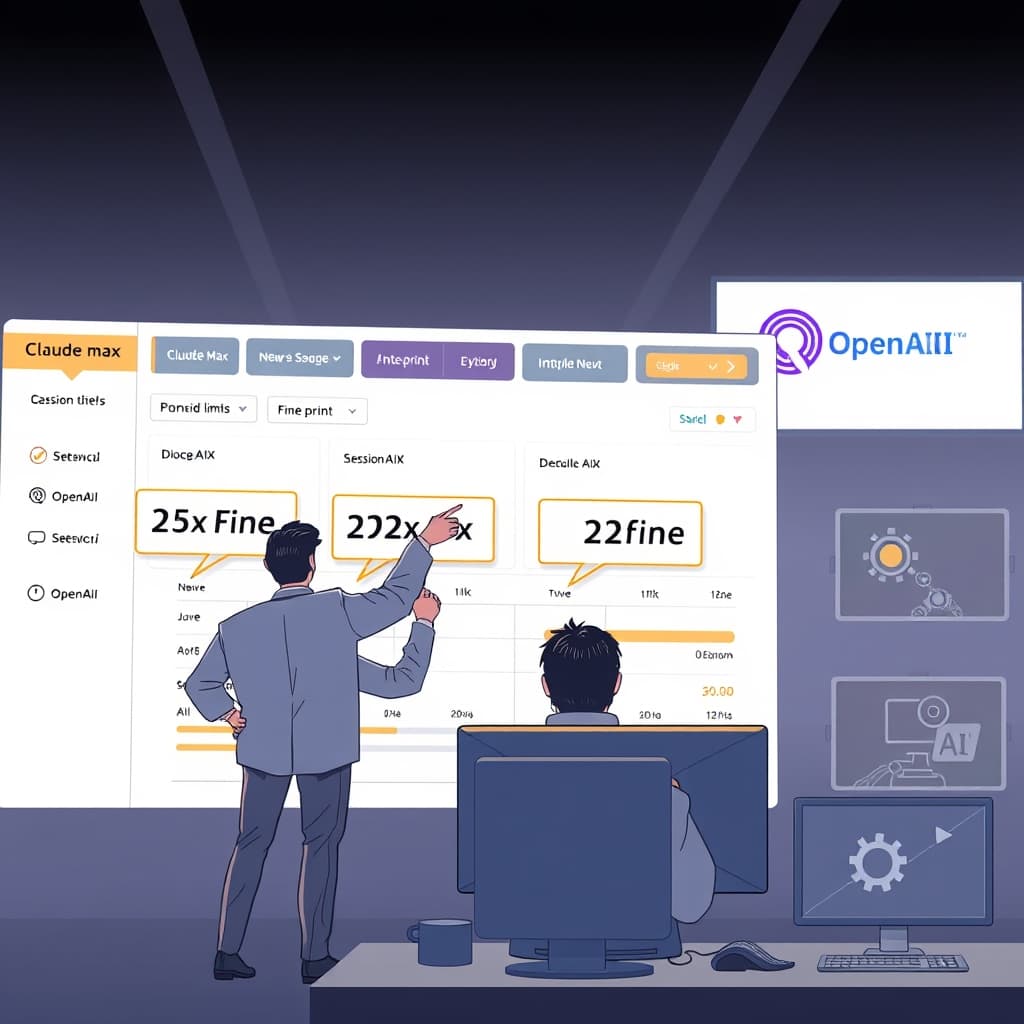 Create an original premium technology-news editorial illustration featuring a dominant figure representing Anthropic’s CEO standing beside a large digital dashboard displaying the Claude Max subscription tiers with highlighted “5x” and “20x” labels; the CEO is pointing to fine‑print text boxes labeled “session limits” that are partially obscured behind clickable hyperlink icons; in the background, a frustrated developer at a computer watches a progress bar stall, while an OpenAI logo appears on a distant screen as a subtle competitor reference; the scene conveys the tension between promised usage and hidden constraints, using a sleek, modern editorial style with muted corporate colors and clear hierarchy emphasizing the CEO and the dashboard; include minimal on‑screen text only for the “5x” and “20x” labels; cinematic composition.
