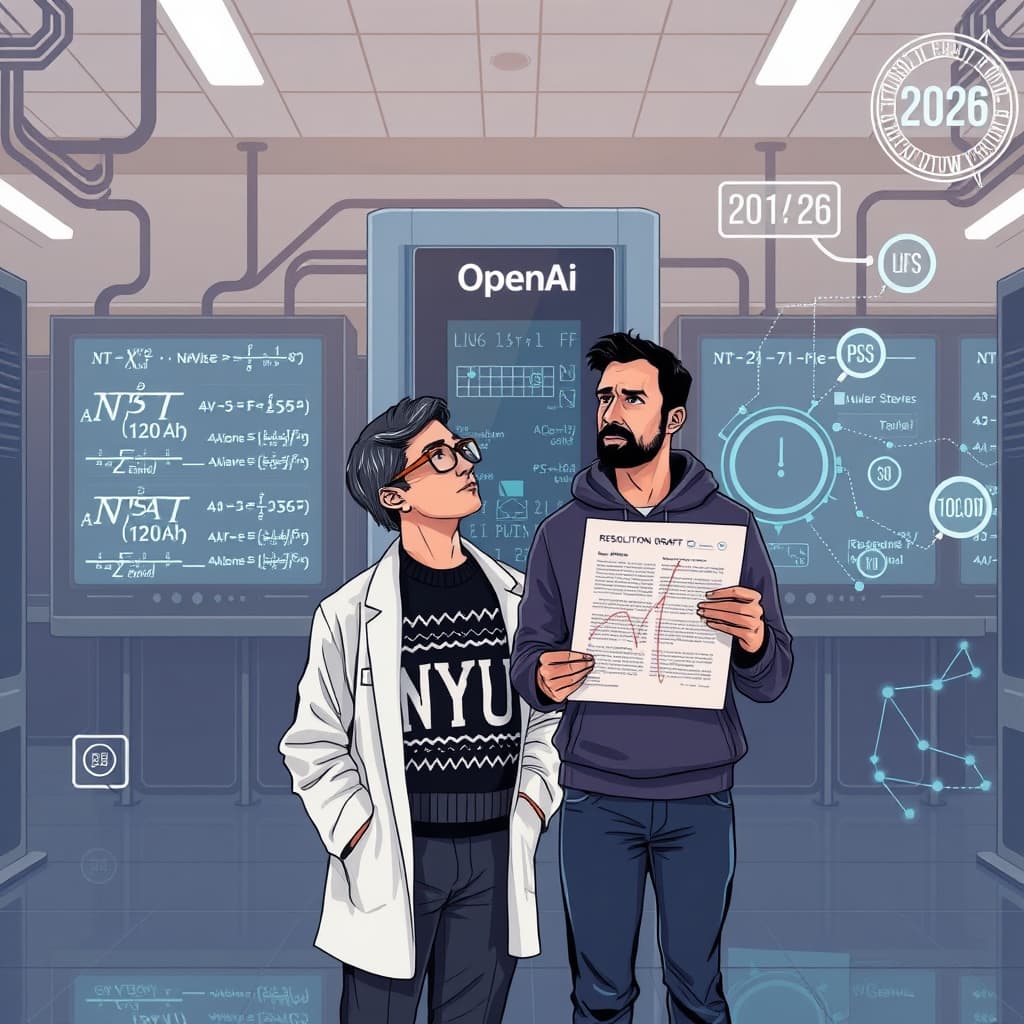 Create an original premium technology-news editorial illustration featuring a dominant AI research lab setting with a sleek, futuristic server rack labeled “OpenAI” at the center, engineers in lab coats monitoring glowing screens that display complex fluid dynamics equations and the Navier–Stokes symbols; in the foreground, a university professor in a NYU sweater and an Anthropic researcher in a casual tech hoodie stand side by side, holding a printed PDF titled “Resolution Draft,” looking toward the OpenAI servers with cautious expressions; the background shows a subtle hint of a digital clock indicating September 5, 2026, and floating data streams representing billions of tokens; the composition emphasizes the contrast between corporate AI power and academic inquiry, rendered in a clean, high‑contrast editorial style with muted corporate colors and realistic lighting; cinematic composition.