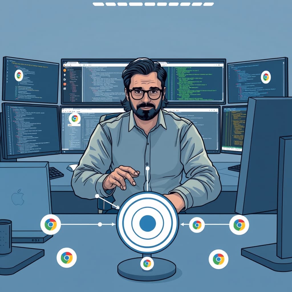 Create an original premium technology-news editorial illustration featuring Addy Osmani as the central figure, seated at a modern workstation with multiple screens displaying code editors, a terminal, and a browser UI, each labeled with Claude Code icons; in the foreground, a stylized Claude Code agent icon interacts with a repository diagram, while background elements subtly reference Chrome DevTools and Lighthouse dashboards; the composition emphasizes Osmani guiding the agent’s workflow, conveying the transition from complex tool friction to streamlined developer experience; use a clean, professional technology‑publication aesthetic with muted blues and grays, minimal text, and a focus on realistic, high‑detail rendering; cinematic composition.