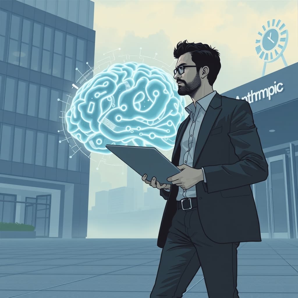Create an original premium technology-news editorial illustration featuring Jacob Coxon as the dominant figure, walking out of a modern office building marked with the Anthropic logo, clutching a laptop, while a luminous, abstract AI brain with fractal circuitry hovers behind him, symbolizing self‑improving superintelligence; a faint clock overlay indicates the approaching decade, and a subtle silhouette of an OpenAI emblem appears in the background to convey competition; the scene is rendered in a sleek, realistic editorial style with muted blues and grays, composition places Coxon in foreground, AI brain mid‑ground, corporate architecture in the distance; include only minimal text such as “Anthropic” on the building for recognition, avoid generic robot or neon AI clichés; cinematic composition.