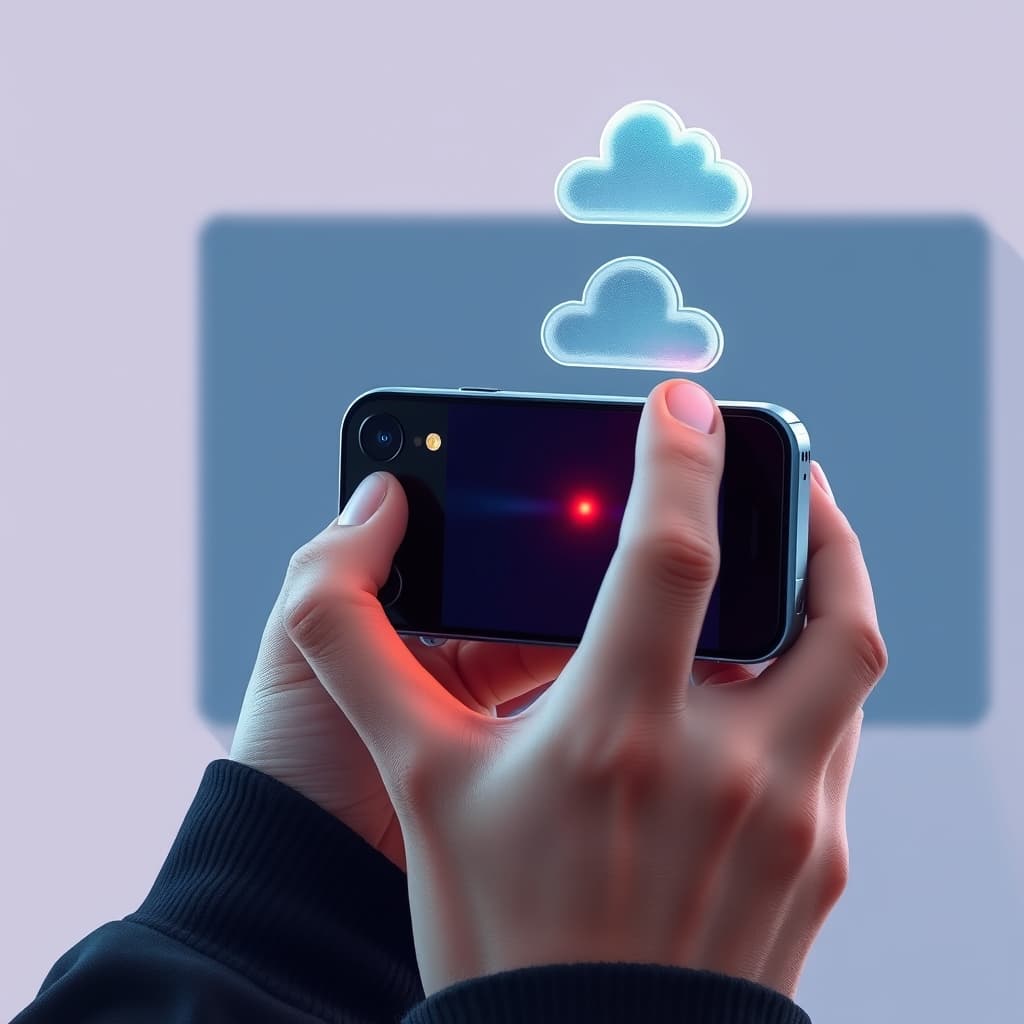 Create an original premium technology-news editorial illustration featuring an iPhone 18 Pro held by a professional photographer in a studio, the device’s camera lens glowing to symbolize a digital signature being applied to every pixel, a translucent cloud icon hovering
