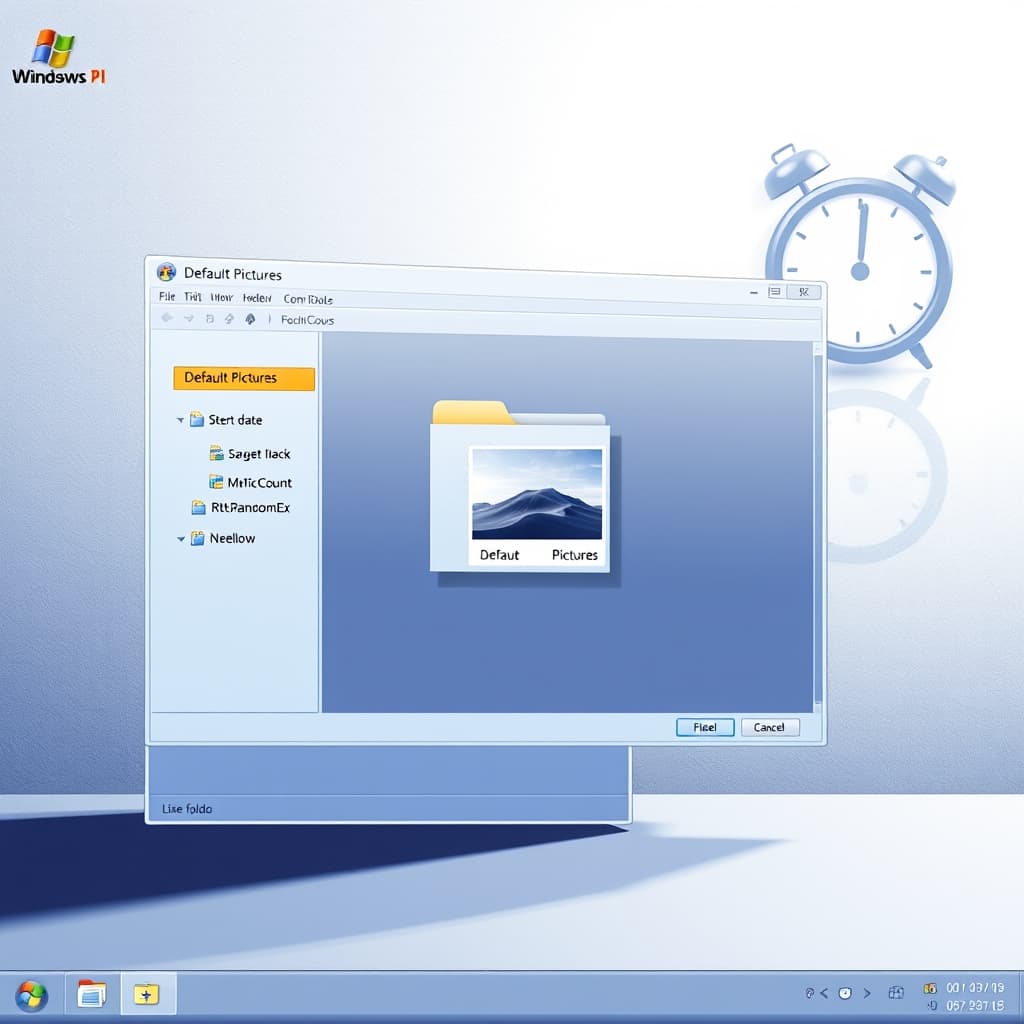 Create an original premium technology-news editorial illustration featuring a vintage Windows XP desktop screen with the user‑account creation dialog open, a highlighted folder icon labeled “Default Pictures,” and a translucent overlay showing a single randomly highlighted photo emerging from a grid of thumbnails; in the background, a subtle representation of a ticking clock symbolizing GetTickCount and a faint flow of binary digits indicating the RtlRandomEx algorithm; the scene conveys the one‑pass selection process, with the highlighted photo positioned centrally to dominate the composition while the folder and clock remain secondary; use a clean, modern editorial style with muted blues and grays typical of tech publications; cinematic composition.