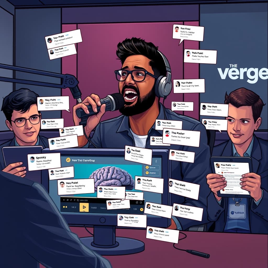 Create an original premium technology-news editorial illustration featuring Nilay Patel as the central subject, seated at a modern podcast studio microphone with a headset, delivering a passionate rant. In the foreground, a digital screen displays the “software brain” video thumbnail and a flood of comment bubbles representing YouTube, Spotify, Bluesky and Threads feedback. Greg Ott and Nick Statt appear beside him, holding tablets that show scrolling comment threads. The studio backdrop includes subtle The Verge branding on a wall panel. The scene captures the energetic exchange of ideas and the tangible impact of audience engagement on the show’s narrative. Render in a sleek, magazine‑style editorial aesthetic with realistic lighting and depth, emphasizing the human‑tech interaction without excessive text or logos. cinematic composition.