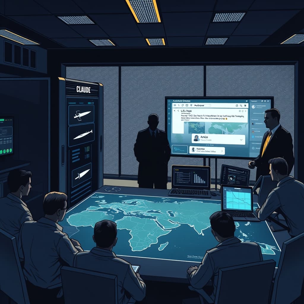 Create an original premium technology-news editorial illustration featuring a dominant, sleek AI server rack labeled “Claude” in a dimly lit intelligence operations center; a diverse team of analysts in military‑style attire huddles around a large digital map showing U.S. naval icons, missile schematics, and phone‑signal icons, while a separate screen displays a chat interface translating Arabic messages; in the background, a shadowy figure representing a state actor watches the scene through a frosted glass partition, emphasizing covert exploitation; the composition balances the AI hardware foreground with the geopolitical monitoring tools behind, using a realistic, high‑contrast editorial style; cinematic composition.