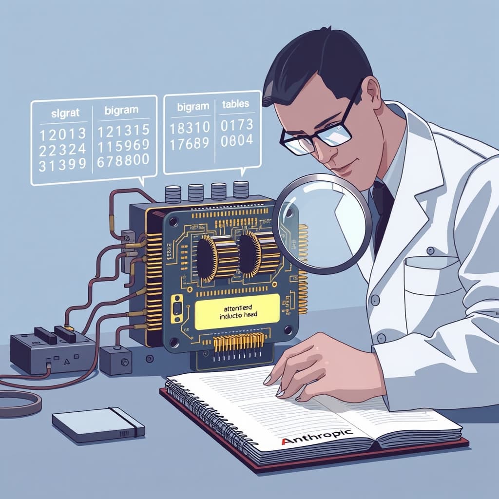 Create an original premium technology-news editorial illustration featuring a dominant, stylized representation of a small transformer circuit board with visible attention heads labeled “induction head”. Show a researcher in a lab coat examining the board with a magnifying glass, while floating holographic bigram and skip‑trigram tables appear beside the board. Include subtle references to Anthropic’s logo on a nearby notebook, but keep branding minimal. The scene conveys the act of reverse‑engineering a minimalist AI model, emphasizing the transition from simple patterns to complex behavior. Use a clean, professional tech‑publication aesthetic with muted blues and grays, realistic lighting, and a cinematic composition.