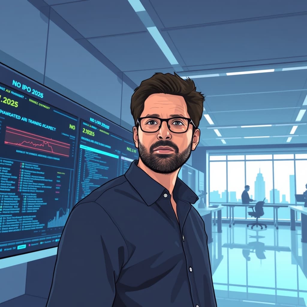 Create an original premium technology-news editorial illustration featuring Sam Altman as the central figure, standing in a sleek, modern OpenAI research lab with large screens displaying AI safety metrics and code, while a paused training progress bar hovers in the background; a subtle news ticker shows “No IPO 2026” and a faint outline of a stock market building appears distant, emphasizing the decision to stay private; the visual style is clean, high‑contrast, and reminiscent of a professional tech magazine, with Altman’s expression focused and thoughtful, and the composition places him prominently in the foreground, the lab environment secondary, and the distant market symbols minimally rendered; cinematic composition.