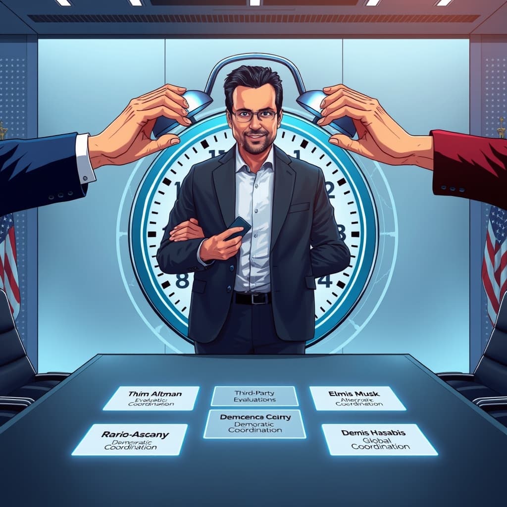 Create an original premium technology-news editorial illustration featuring Dario Amodei standing beside a large digital clock whose hands are being gently held back by hands representing Sam Altman, Elon Musk, and Demis Hassabis; the clock symbolizes AI development speed. In the background, a sleek conference table displays holographic documents labeled “Third‑Party Evaluators,” “Democratic Coordination,” and “Global Coordination,” indicating the three‑stage plan. The setting is a modern high‑tech briefing room with subtle American flag motifs to hint at U.S. government mediation, while a faint globe outline behind the participants suggests international involvement. The visual style should be clean, realistic, and suited to a technology‑focused editorial, with a balanced composition that keeps Amodei as the dominant figure and the other CEOs secondary. Include restrained product labeling only where it clarifies the plan stages. cinematic composition.