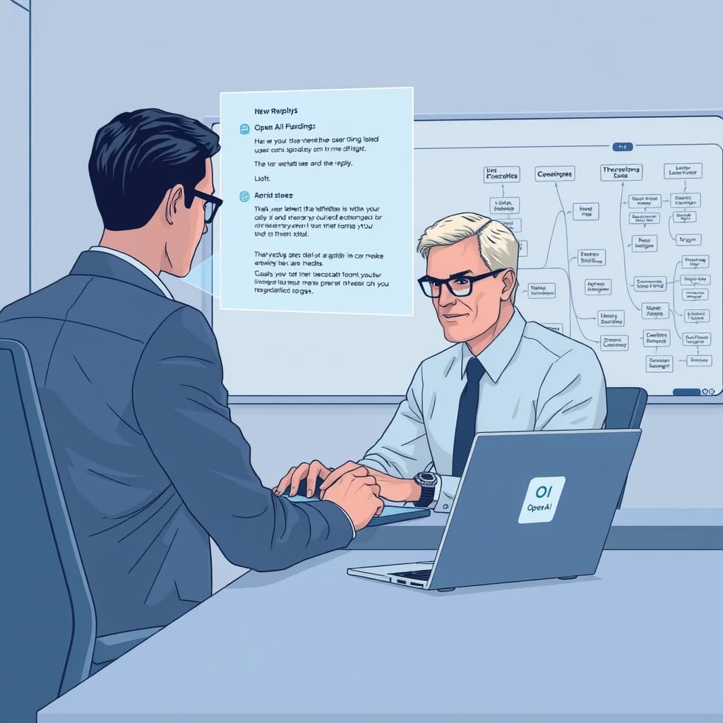 Create an original premium technology-news editorial illustration featuring a sleek, modern office desk as the primary subject, where a professional—styled as a senior executive—sits before a laptop displaying an email thread, while a translucent, holographic AI avatar hovers above the screen, actively highlighting relevant past messages and suggesting a draft reply in the executive’s handwriting style; the scene captures the moment of AI‑assisted composition, with subtle OpenAI branding on a visible laptop sticker to denote the model source, and a faint backdrop of a whiteboard filled with workflow diagrams representing the 30‑50 specialized models; the visual style should be clean, corporate‑tech, using cool blues and muted grays, with a cinematic composition.