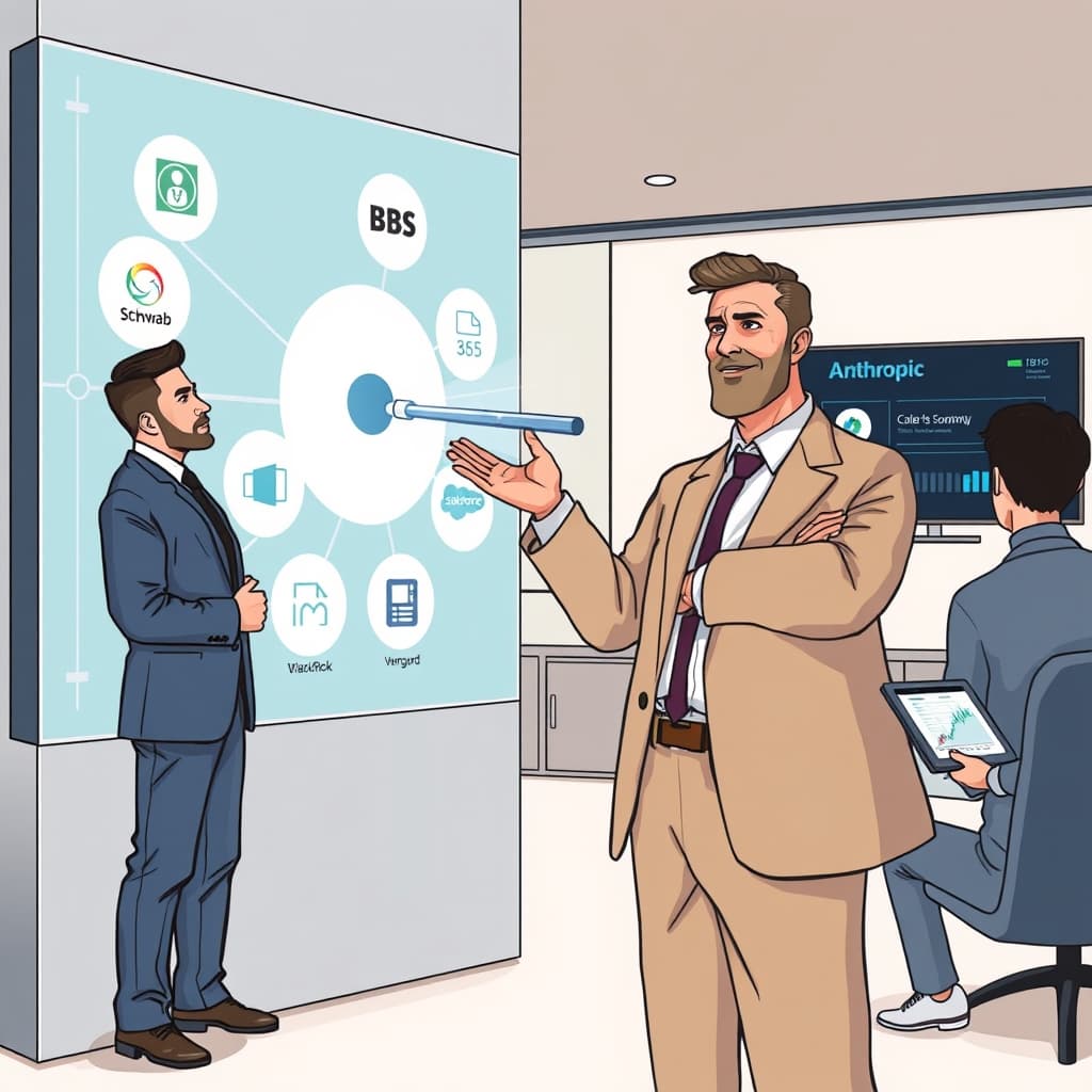 Create an original premium technology-news editorial illustration featuring a confident financial advisor standing beside a large, sleek digital interface displaying interconnected icons of major custodians and tech platforms (Charles Schwab, BlackRock, Vanguard, Microsoft 365, Salesforce). The advisor is gesturing toward a holographic conductor’s baton that links the icons, symbolizing Claude orchestrating the tools. In the background, a modern office with subtle branding of Anthropic’s Claude logo appears on a wall screen, while a colleague watches a real‑time AI‑generated summary of a client portfolio on a tablet. The scene conveys seamless integration and workflow harmony without overt product logos, using a clean, professional illustration style with muted corporate colors and a cinematic composition.
