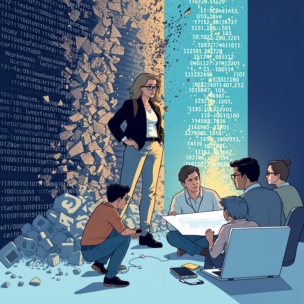 Create an original premium technology-news editorial illustration featuring Laurie Voss as the dominant figure, standing beside a massive, crumbling wall of code that is disintegrating into binary dust, while a group of diverse product engineers gathers around a bright, tactile user‑experience blueprint; the scene conveys Voss’s insight that coding costs are collapsing and the focus is shifting to understanding and designing for users; include subtle WorkOS branding on a nearby laptop screen to acknowledge the sponsor, but keep it secondary; render in a clean, modern editorial style with realistic lighting and depth, emphasizing the contrast between the fading code and the vivid, collaborative design activity; cinematic composition.