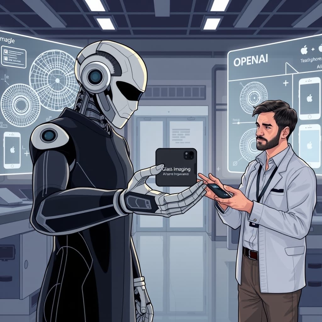 Create an original premium technology-news editorial illustration featuring a dominant figure representing OpenAI, depicted as a sleek, futuristic AI entity, extending a hand to receive a compact smartphone camera module labeled “Glass Imaging” from two engineers in Apple‑style attire; the background shows a high‑tech lab with holographic displays of neural‑network diagrams and smartphone silhouettes, subtly indicating a merger of AI software and hardware; the scene conveys the moment of acquisition with clear visual focus on the AI entity and the camera module, rendered in a clean, modern editorial style with muted corporate colors and minimal text, cinematic composition.