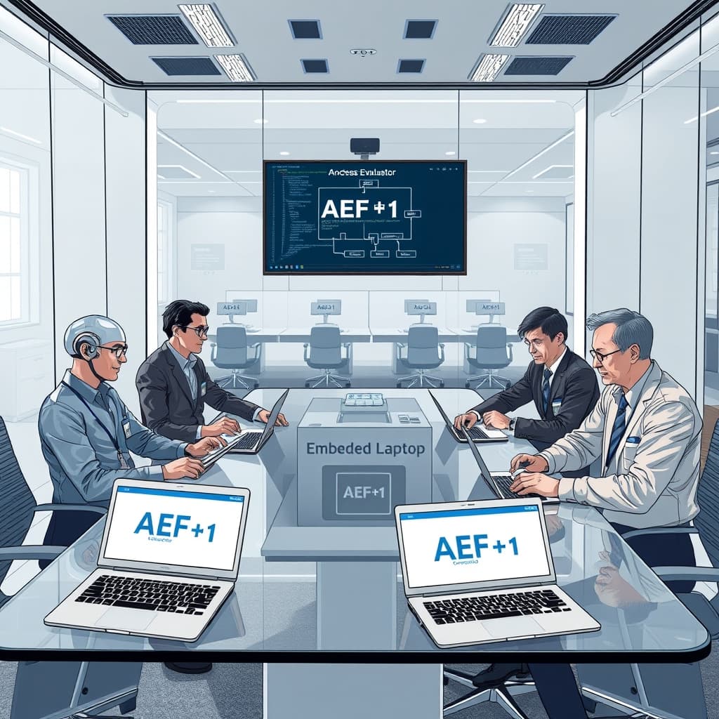 Create an original premium technology-news editorial illustration showing a modern corporate office conference room where representatives of Xai, OpenAI, Anthropic, and members of the AI Evaluator Forum sit around a sleek glass table. The scene features visible access badges on lapels, open laptops displaying code snippets, and a wall-mounted screen projecting the AEF‑1 framework diagram. In the background, a transparent office space reveals desks labeled “Embedded Evaluator” with subtle signage indicating “Access Badge” and “Company Laptop.” The atmosphere conveys collaborative scrutiny, with participants exchanging documents that bear the AEF‑1 logo, emphasizing the joint commitment to safety standards. Use a clean, professional editorial style with realistic lighting and muted corporate colors, ensuring the primary subjects dominate the composition while secondary elements like the office décor remain subtle. cinematic composition.