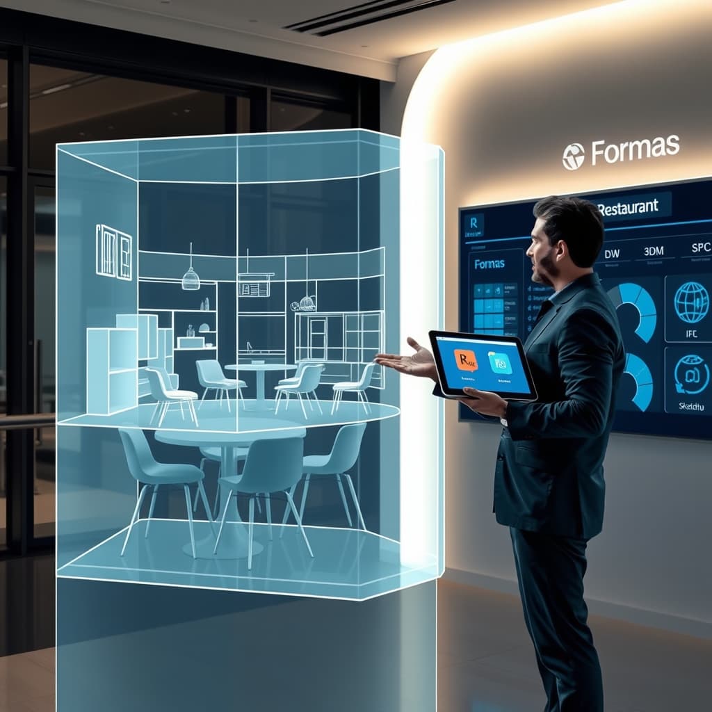 Create an original premium technology-news editorial illustration featuring a modern architect standing beside a large transparent holographic 3D model of a restaurant interior; the hologram displays precisely placed chairs, tables and walls generated from a spoken command, while the architect gestures toward the model with a tablet displaying SketchUp and Rhino icons; in the background, a digital dashboard shows file icons for DWG, 3DM, SKP and IFC, emphasizing cross‑format support; the setting is a sleek design studio with subtle branding for Formas on a wall panel; render in a clean, high‑tech editorial style with realistic lighting and depth, cinematic composition.
