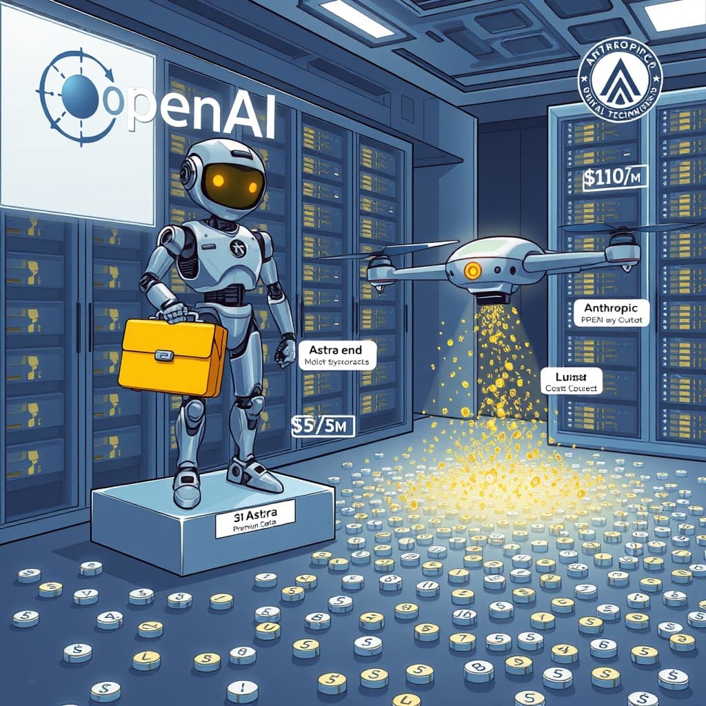 Create an original premium technology-news editorial illustration featuring a dominant OpenAI logo beside two distinct AI model avatars—one sleek, high‑end robot labeled “Astra” holding a gold‑colored briefcase of premium data, the other a streamlined, cost‑focused drone labeled “Luna” scattering a flood of tiny data packets. The scene is set inside a modern data‑center control room with glowing server racks in the background. Astra stands on a raised platform receiving a stream of high‑value contracts, while Luna operates at floor level, processing a massive wave of token symbols. Include subtle visual cues of pricing contrast: a price tag beside Astra showing $10/M input, $50/M output, and a tag beside Luna showing $0.20/M input, $1.20/M output. Anthropic’s emblem appears in the distance, slightly smaller, to convey competition. Render in a crisp, professional editorial style with muted blues and metallic accents, focusing on clear hierarchy and narrative clarity, cinematic composition.