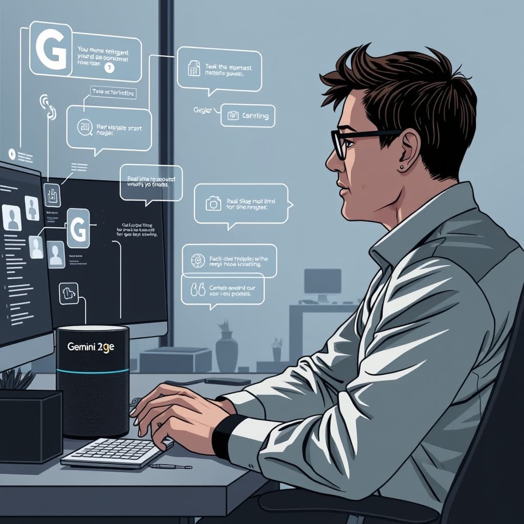 Create an original premium technology-news editorial illustration featuring a dominant Google engineer seated at a modern workspace, speaking into a sleek smart speaker while a holographic interface displays flowing dialogue bubbles, real‑time visual cues, and task icons; the scene captures the Gemini 3.8 Live model processing a multi‑step request in the background, with subtle branding of the Gemini logo on the speaker; the composition emphasizes the seamless collaboration between voice and visual AI, rendered in a clean, professional editorial style with muted tech‑savvy colors and cinematic composition.