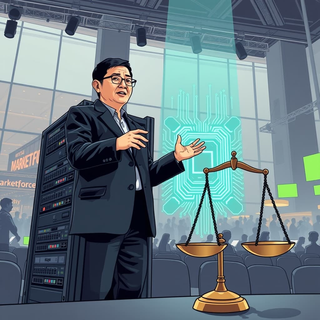 Create an original premium technology-news editorial illustration featuring Jensen Huang as the dominant figure standing beside a massive Nvidia GPU rack, gesturing toward a sleek, glowing AI circuit board that represents software. The scene is set inside a modern conference hall reminiscent of Dreamforce, with a subtle backdrop of a bustling marketplace symbolizing market forces. In the foreground, a balanced scale subtly appears, one side holding a legal gavel, the other a wrench, highlighting the engineering‑versus‑legal debate. The Nvidia logo is visible on the GPU rack, but no other corporate branding dominates. The visual style is crisp, realistic, with a muted corporate color palette, focusing on clarity and professional tone. cinematic composition.