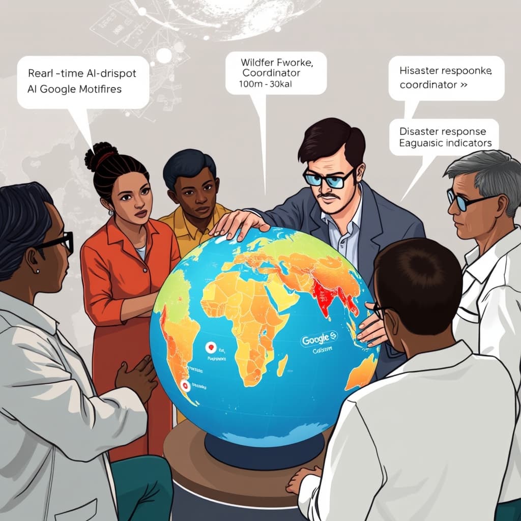 Create an original premium technology-news editorial illustration featuring a diverse group of researchers and community leaders gathered around a large interactive digital globe displaying real‑time AI‑driven data visualizations of disease hotspots, wildfire alerts, cyclone tracks, and economic indicators; the central figure is a Google AI engineer pointing at the globe while a local health worker, a disaster‑response coordinator, and a teacher observe; the background shows satellite imagery and multilingual text bubbles representing language understanding; include subtle Google branding on the engineer’s laptop screen; render in a sleek, modern editorial style with clear hierarchy emphasizing the collaborative scene; cinematic composition.