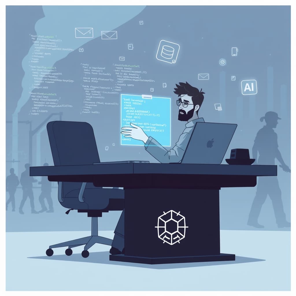 Create an original premium technology-news editorial illustration featuring a mid‑career developer seated at a desk surrounded by floating code snippets, a large language model hologram, and a PostgreSQL database icon; the developer looks both intrigued and concerned as the hologram hands over a glowing prompt while a subtle background shows a factory line of workers fading into silhouettes, symbolizing potential job displacement; include a discreet OpenAI logo on the hologram’s base to identify the AI source; render in a clean, modern editorial style with muted blues and greys, focusing on the tension between human insight and AI assistance; cinematic composition.
