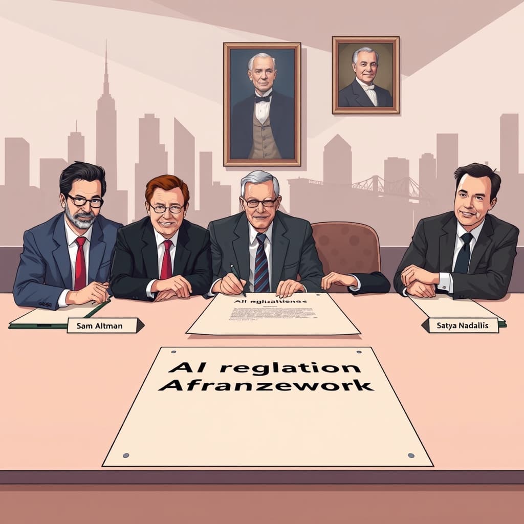 Create an original premium technology-news editorial illustration featuring a conference table where five prominent AI leaders—Sam Altman, Dario Amodei, Demis Hassabis, Satya Nadella, and Elon Musk—are seated, each with a distinct company logo subtly placed on their nameplates; the scene shows them collectively signing a large parchment titled “AI Regulation Framework,” while a backdrop of futuristic cityscape silhouettes hints at the broader societal impact; include a muted visual of historical figures like Alan Turing and Bill Joy as framed portraits on the wall to convey the lineage of warnings; employ a clean, magazine‑style aesthetic with balanced lighting, realistic textures, and a focus on the collaborative act, avoiding overt branding beyond the essential nameplates; cinematic composition.