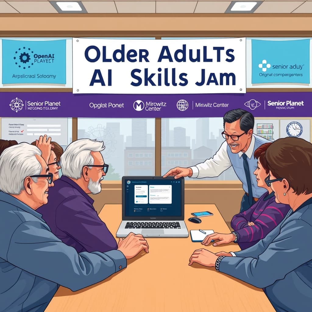 Create an original premium technology-news editorial illustration featuring an older adult seated at a community center table, surrounded by a diverse group of seniors, all looking at a laptop screen displaying the ChatGPT interface; a friendly instructor from OpenAI Academy points to the screen while a banner in the background reads “Older Adults AI Skills Jam”; the setting includes subtle signage of local partner organizations such as Senior Planet and the Mirowitz Center, with a cityscape visible through a window to convey the various host locations; the visual style should be clean, realistic, and suitable for a professional technology publication, using a balanced composition that places the senior learner and the instructor as the dominant elements, secondary details like partner logos kept low‑key; cinematic composition.