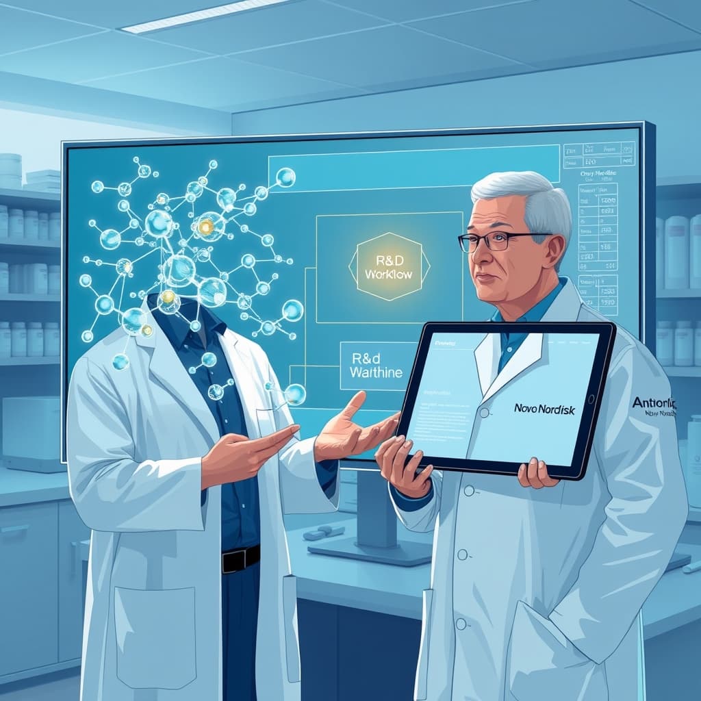 Create an original premium technology-news editorial illustration featuring a senior Novo Nordisk scientist in a modern laboratory, standing beside a large digital display that visualizes Anthropic’s Claude Science model processing molecular structures; the scientist gestures toward the screen as data streams flow between the model and a tablet labeled “R&D Workflow”; background shows shelves of pharmaceutical equipment and a subtle Novo Nordisk logo on a lab coat, while a faint Anthropic logo appears on the display; the scene conveys accelerated drug discovery through AI, with a clean, professional tech‑publication aesthetic, cinematic composition.