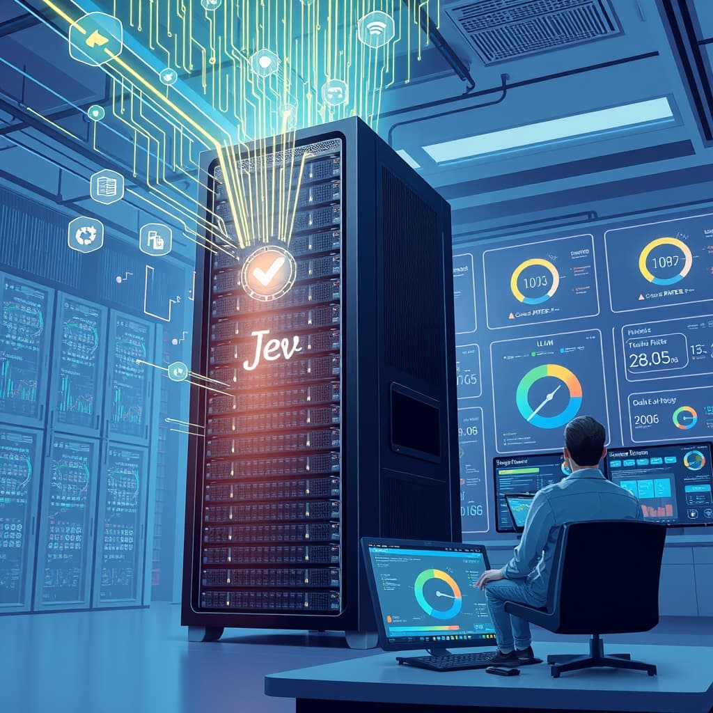Create an original premium technology-news editorial illustration featuring a dominant, sleek AI server rack labeled “Jev” emitting fast‑moving data streams toward a series of decision icons (checkmark, route arrow, score gauge) while a smaller, traditional LLM server sits in the background with a slower, dimmer glow; the scene is set in a modern data‑center control room with engineers observing dashboards that highlight “100× faster” and “200× cheaper” metrics; the visual style is clean, high‑contrast, and magazine‑ready, focusing on concrete hardware and UI elements rather than abstract AI symbols; cinematic composition.