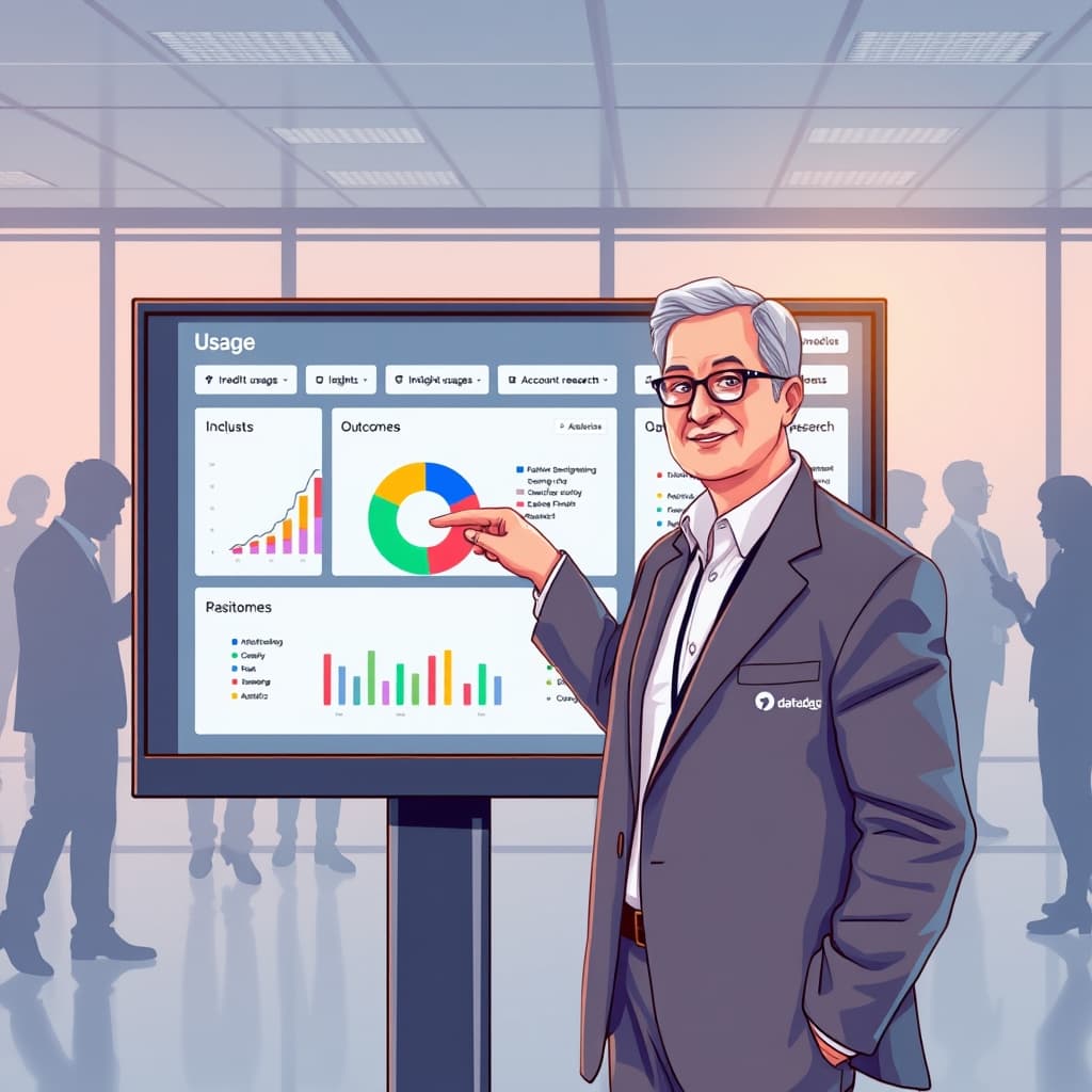 Create an original premium technology-news editorial illustration featuring a senior IT administrator standing before a large interactive dashboard screen that displays three distinct panels labeled “Usage,” “Insights,” and “Outcomes.” The administrator, wearing a professional blazer, points at the “Insights” panel where a colorful pie chart breaks down AI credit usage by tasks such as “feature development” and “account research.” In the background, faint silhouettes of software engineers reviewing code and salespeople conducting research suggest the varied teams benefiting from the data. The OpenAI logo appears subtly on the dashboard interface, indicating the source of the analytics, while a Datadog badge is visible on the administrator’s lapel to hint at a partner reference. The visual style is clean, data‑centric, and suitable for a technology‑focused editorial, with realistic lighting and a corporate office setting. cinematic composition.