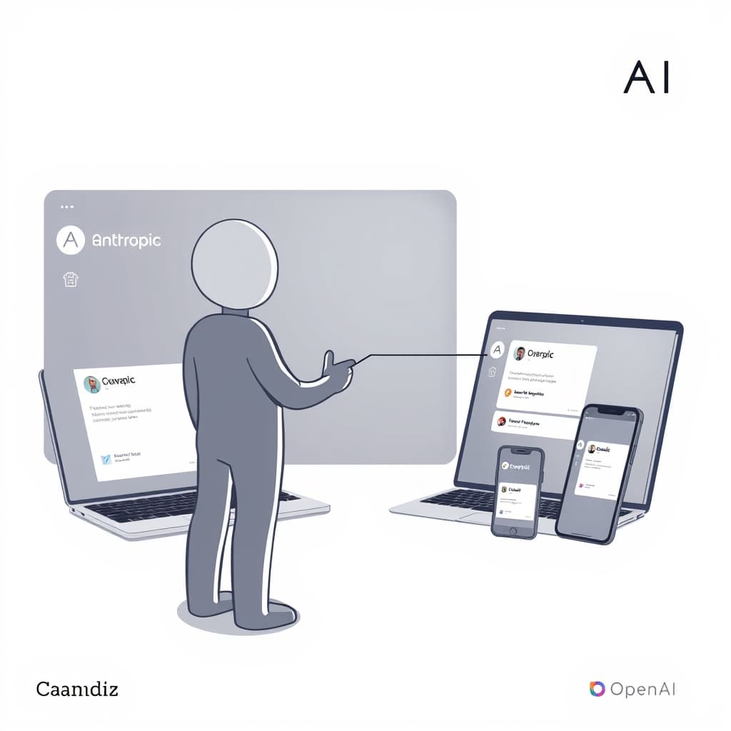 Create an original premium technology-news editorial illustration featuring a dominant figure representing Claude, depicted as a sleek digital assistant icon, seamlessly merging two distinct interface panels—one labeled "Cowork" and the other "Chat"—into a single unified screen. The scene shows the Claude icon extending a connective line that fuses the panels, while a laptop, tablet, and smartphone in the background display the same unified Claude interface, emphasizing cross‑device consistency. Include subtle visual cues referencing Anthropic’s branding through a muted logo corner, and a faint OpenAI logo in the distance to hint at the comparative rebranding of Codex to