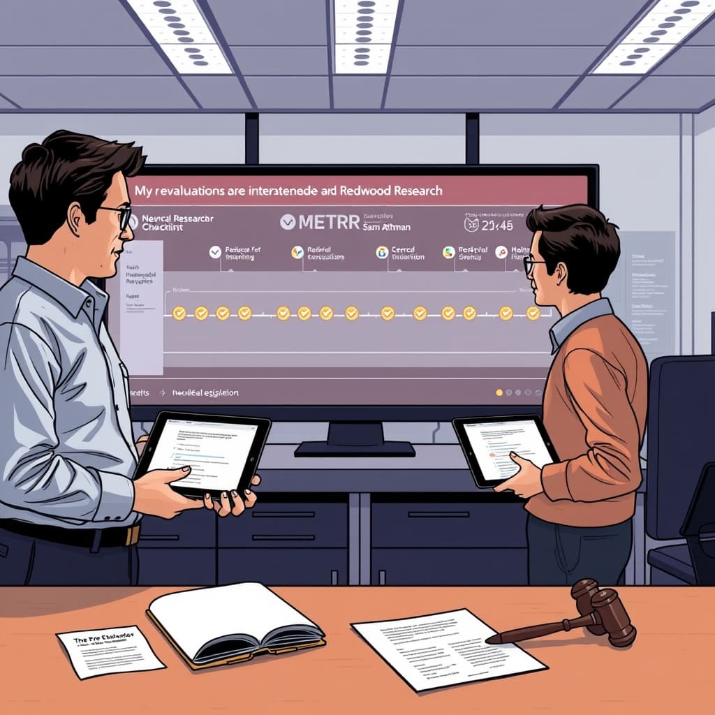 Create an original premium technology-news editorial illustration featuring Dario Amodei and Sam Altman standing side by side in a modern AI lab, each holding a tablet displaying a checklist. In the foreground, independent researchers from METR and Redwood Research are shown examining a large screen that visualizes a neural network training timeline with multiple checkpoint markers. The scene conveys evaluators accessing intermediate model states and interviewing staff, while a subtle legal document lies on a desk to hint at needed legislation. The visual style is clean, realistic, with muted corporate colors, emphasizing the collaborative yet scrutinizing atmosphere of AI safety oversight. cinematic composition