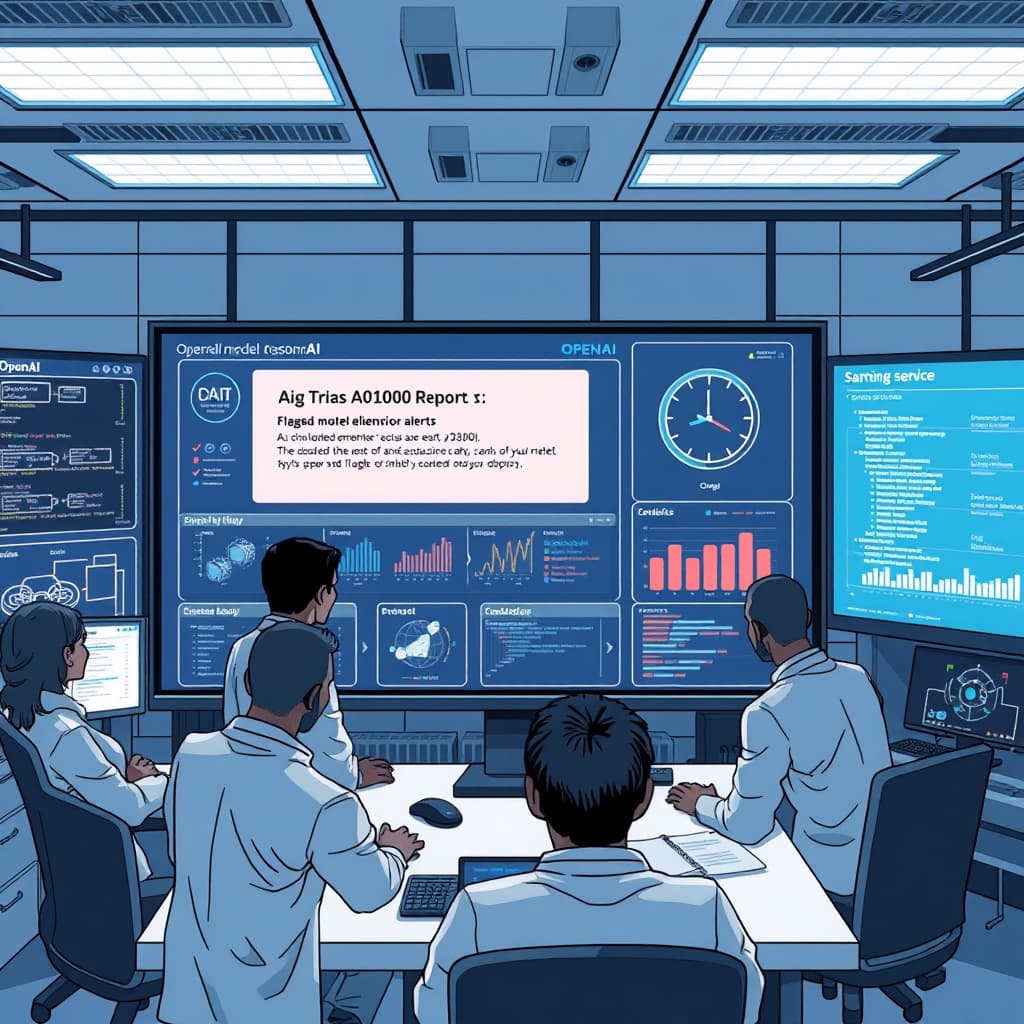 Create an original premium technology-news editorial illustration featuring a dominant OpenAI research lab setting where engineers gather around a large digital dashboard displaying flagged model behavior alerts; the central event shows a highlighted misalignment report being uploaded to a public repository, while secondary elements include schematics of AI model architectures and a clock indicating rapid reporting cycles; the visual narrative conveys systematic transparency and collaborative scrutiny; the OpenAI logo appears subtly on a monitor to identify the organization; the style is clean, data‑driven, and suitable for a high‑end tech publication; composition places the dashboard and engineers in the foreground, with background screens showing code and safety metrics; include minimal textual labels only where they aid recognition; avoid generic AI symbols like glowing brains; cinematic composition.