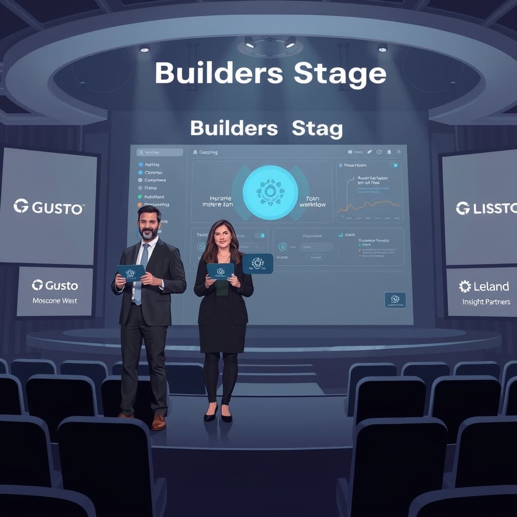 Create an original premium technology-news editorial illustration featuring Josh Reeves, Michelle Johnson, and John Koelliker standing together on a modern conference stage labeled “Builders Stage,” each holding a holographic tablet that displays a stylized AI agent icon; behind them a sleek digital dashboard shows a split view of a human‑run workflow and an autonomous AI workflow, symbolizing the partnership; the setting is Moscone West’s futuristic auditorium with subtle branding for Gusto, Insight Partners, and Leland on the side screens; the composition emphasizes the three speakers in the foreground while the AI‑human collaboration visuals occupy the midground, rendered in a clean, high‑contrast editorial style with muted corporate colors and minimal text, cinematic composition.