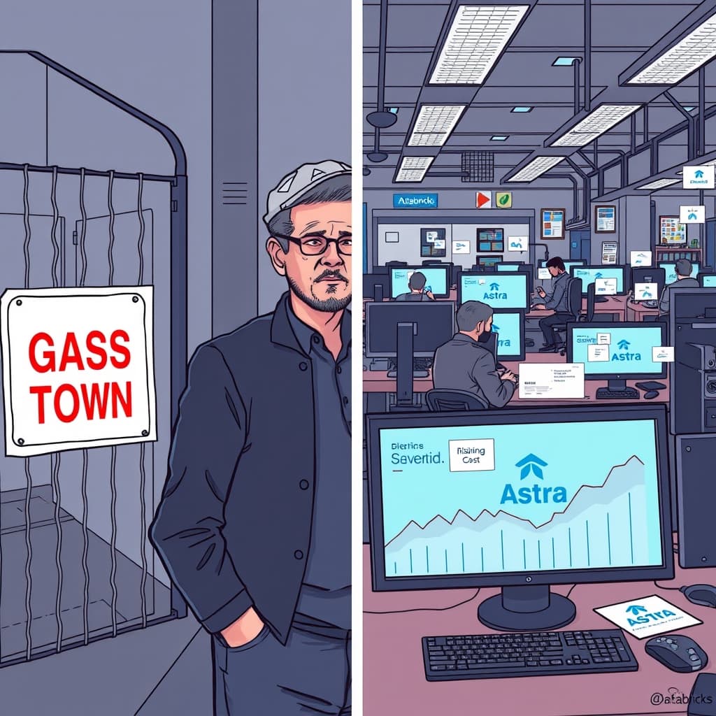 Create an original premium technology-news editorial illustration featuring Steve Yegge standing beside a closed “Gas Town” sign on one side, and a bustling Databricks office floor on the other side where engineers work at computers displaying the Astra logo; the central scene shows Yegge’s expression of disappointment contrasted with Databricks engineers’ focused activity, while floating data charts depict a rising cost curve beside the Astra logo; include subtle visual cues of OpenAI’s misalignment framework document on a nearby desk; render in a sleek, modern editorial style with muted corporate colors, emphasizing the contrast between a shuttered startup service and a large‑scale corporate AI rollout; cinematic composition.