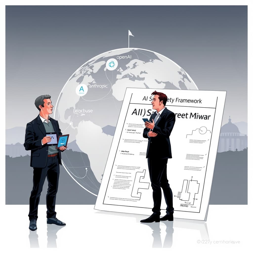 Create an original premium technology-news editorial illustration featuring Dario Amodei standing beside a large, stylized blueprint labeled “AI Safety Framework,” while Mark Zuckerberg and Elon Musk converse nearby, each holding a tablet displaying a paused AI model icon; in the background, a transparent globe shows interconnected corporate logos (OpenAI, Anthropic, Meta) linked by faint lines, suggesting international collaboration; a subtle silhouette of the White House appears distant, indicating political context without dominating the scene; the composition uses a sleek, modern editorial style with muted corporate colors, focusing attention on the central figures and the blueprint; cinematic composition.