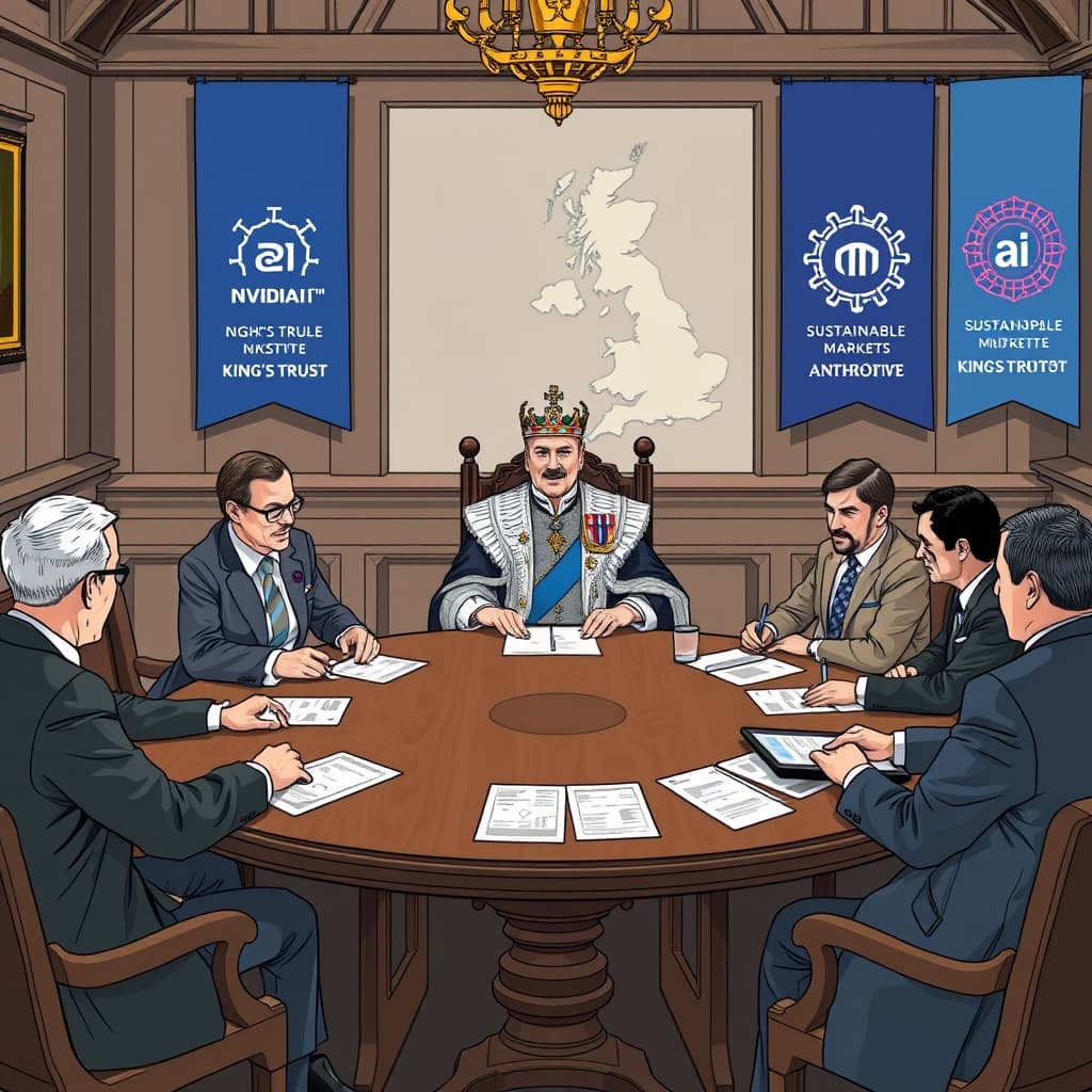 Create an original premium technology-news editorial illustration featuring King Charles seated at a round table with senior executives from Nvidia, OpenAI and Anthropic, alongside a Google DeepMind representative and UK AI minister Kanishka Narayan; the setting is a historic Scottish hall with banners displaying the King’s Trust and Sustainable Markets Initiative logos; participants are engaged in earnest discussion, papers and digital tablets displaying AI model schematics spread on the table; the background shows a subtle map of the United Kingdom highlighting AI research hubs; the visual style is clean, realistic, and suited to a high‑end technology publication, with a balanced composition that places the monarch and the tech leaders as primary subjects and the institutional symbols as secondary; avoid generic AI icons, excessive text, or overt branding unrelated to the story; cinematic composition.