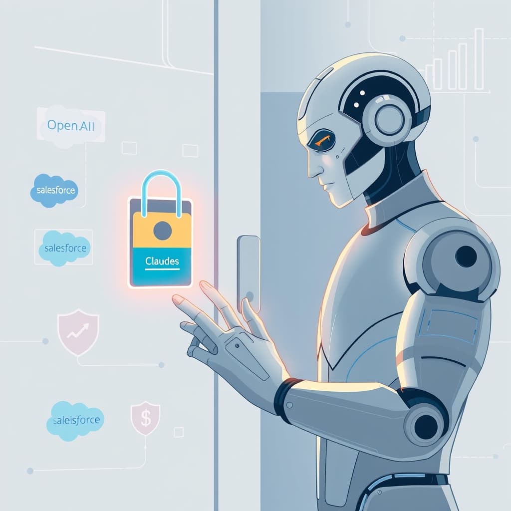 Create an original premium technology-news editorial illustration featuring a dominant figure representing Claude, depicted as a sleek AI interface, interfacing with a glowing OpenAI employee badge that unlocks a virtual door to a repository of code files; the scene shows Claude’s digital hand reaching toward the code cache while security shields flicker, symbolizing identity and permission controls; in the background, subtle icons of Salesforce and a funding graph hint at Anthropic’s broader deployments and recent financing; the composition uses a clean, professional tech‑publication style with muted corporate colors, focusing on the tension between AI capability and security safeguards; cinematic composition.
