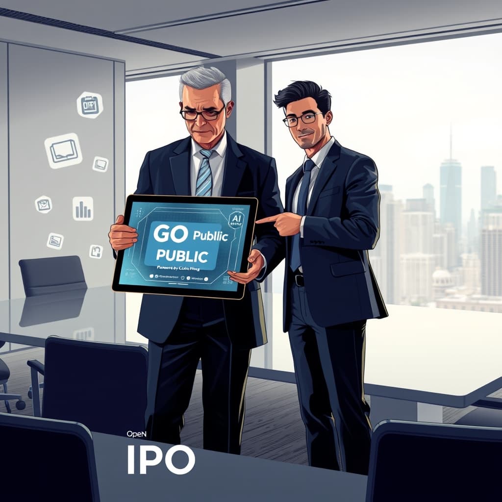 Create an original premium technology-news editorial illustration featuring a senior lawyer in a modern office, dominant, reviewing a large digital tablet that displays a glowing AI interface labeled “GO Public” powered by ChatGPT Work; beside the lawyer stands a confident OpenAI representative pointing to the interface, both surrounded by floating icons representing legal documents, public filings and data streams; the background shows a sleek conference room with a large window overlooking a city skyline, subtly hinting at capital‑markets activity; the scene conveys the collaboration between human expertise and AI to accelerate IPO work, with a clean, professional color palette and realistic lighting; cinematic composition.