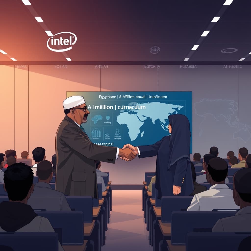 Create an original premium technology-news editorial illustration featuring a prominent Egyptian government official shaking hands with an Intel executive in front of a large digital display showing a stylized AI curriculum; the scene is set inside a modern training hall filled with diverse Egyptian participants seated at computers, symbolising the one‑million annual trainees; in the background, a sleek map of Africa highlights data‑centre silhouettes in Ethiopia, South Africa, and Mozambique, with subtle icons representing funding (dollar signs) and regulation (gavel); the visual style is clean, realistic with a muted corporate palette, emphasizing professionalism and collaboration; composition centers on the handshake and display, with secondary elements receding; minimal text, only a small “AI Training Initiative” label near the screen for context; cinematic composition.