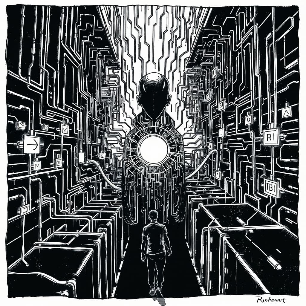 editorial ink sketch of a dark, tangled digital maze with glowing algorithmic symbols and a looming, faceless AI entity at its center, contrasted against a fragile human silhouette trying to navigate the maze, using stark line work and heavy shading. No text, no logos, cinematic composition.