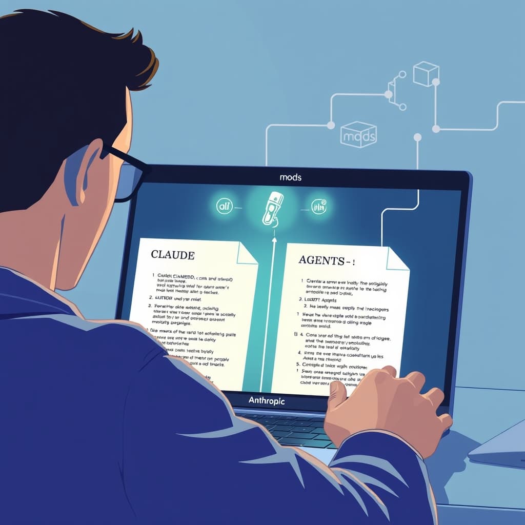 Create an original premium technology-news editorial illustration featuring a focused software developer at a laptop, the screen displaying two side‑by‑side markdown files labeled “CLAUDE.md” (empty) and “AGENTS.md” (filled), with a subtle Anthropic logo on the laptop lid; the developer is reviewing the AGENTS.md file as a glowing overlay of code‑assistant icons emerges, symbolizing Claude Code reading the file; in the background, a stylized schematic of modular blocks labeled “mods” connects to the laptop, indicating customization; the visual style should be clean, modern, with a muted tech‑blue palette and realistic lighting, emphasizing the concrete act of configuring AI tooling; cinematic composition.