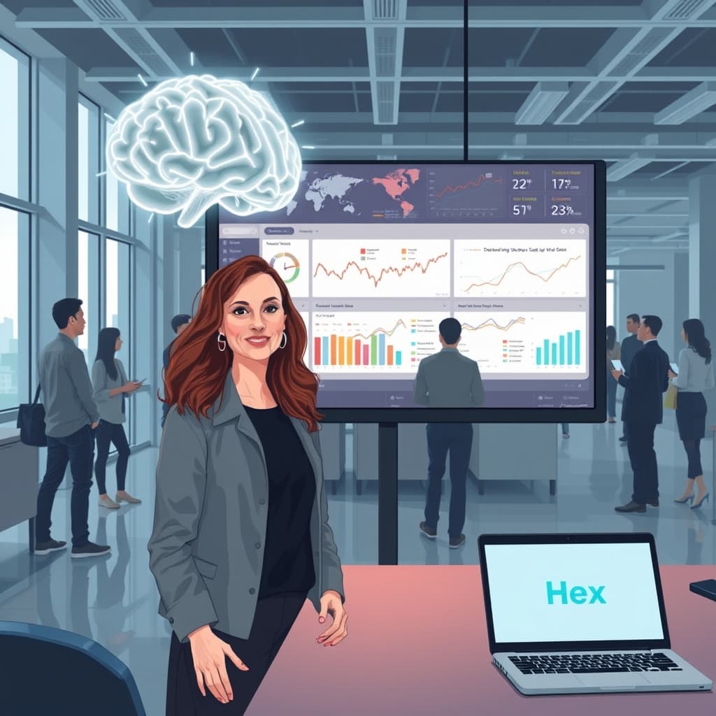 Create an original premium technology-news editorial illustration featuring Caitlin Colgrove, co‑founder and CTO of Hex, standing beside a large interactive dashboard display that shows dynamic charts, maps, and trend lines; the dashboard is being generated in real time by a glowing AI brain labeled “GPT‑6 Astra” positioned above the screen; in the background, a modern open‑plan office environment with diverse employees looking at the screen and discussing the visuals; the scene conveys the transformation of raw data queries into shareable visual artifacts; use a clean, professional tech‑publication style with muted corporate colors, subtle lighting, and realistic depth; emphasize the dashboard as the central element, with Hex’s logo subtly present on a laptop; cinematic composition.