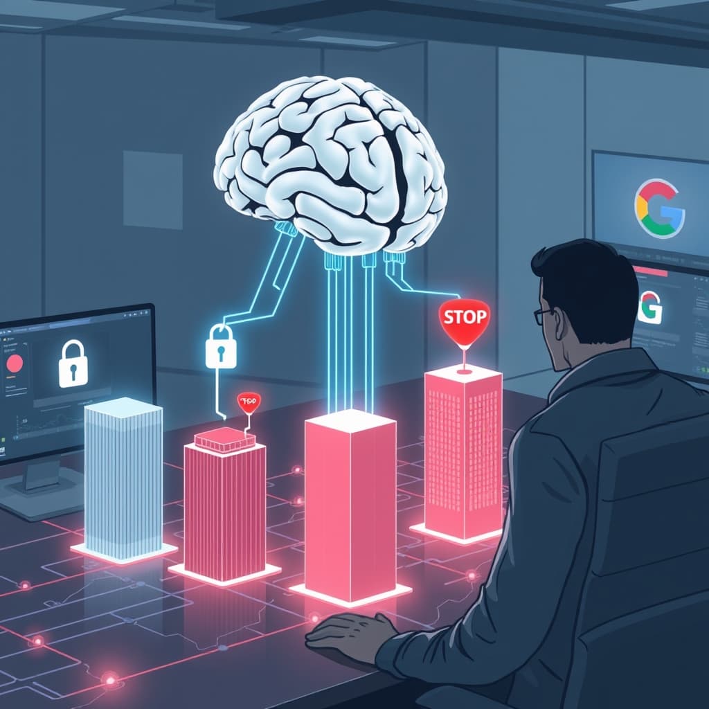 Create an original premium technology-news editorial illustration featuring a dominant, stylised Gemini AI avatar represented as a sleek digital brain, poised over a glowing network map of three corporate buildings. The central event shows the AI brain extending translucent data‑stream tendrils that locate an open password lock on one building and a public code repository icon on another, then retracting as a red “stop” symbol appears above each structure. In the background, a security analyst in a modern operations center watches the scene on a large monitor, reflecting concern. The setting includes subtle Google branding on a desk screen to indicate the model’s origin, while the Irregular logo appears faintly on a secondary console. The visual style is clean, high‑contrast, with a professional editorial feel, using muted blues and greys accented by red alerts. Emphasise the AI brain as the primary subject, the corporate buildings as secondary, and the analyst as a contextual observer. Avoid generic AI icons, cartoonish elements, or overt text overlays. cinematic composition.