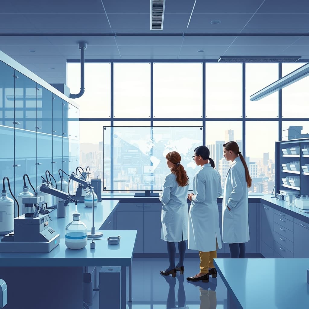Create an original premium technology-news editorial illustration featuring a modern biotech laboratory as the dominant setting, with a sleek glass‑walled lab bench populated by robotic pipettes, incubators, and a large digital screen displaying Anthropic’s AI model interface; in the foreground, a diverse team of scientists in lab coats collaborates with a holographic representation of a language model, symbolizing AI guidance of experiments; a subtle logo of Anthropic appears on the screen to identify the company without overwhelming the scene; the background shows a view of the San Francisco skyline through the lab’s floor‑to‑ceiling windows, grounding the setting in the Bay Area; the composition emphasizes the convergence of cutting‑edge AI and hands‑on biology, using a clean, high‑tech editorial style with muted blues and whites, and a cinematic composition.