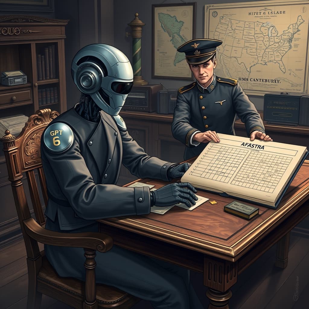 Create an original premium technology-news editorial illustration featuring a dominant AI model avatar labeled “GPT‑6 Astra” seated at a vintage wooden desk strewn with aged German cipher sheets and a large ADFGVX square diagram; beside the desk, a naval officer in early‑20th‑century uniform points to a historic logbook open to the HMS Canterbury entry dated 24 November 1918; the background shows a dimly lit wartime communications room with period radios and a map of the Black Sea; the scene conveys the moment of AI‑assisted decryption bridging past and present; render in a realistic yet stylized editorial style with