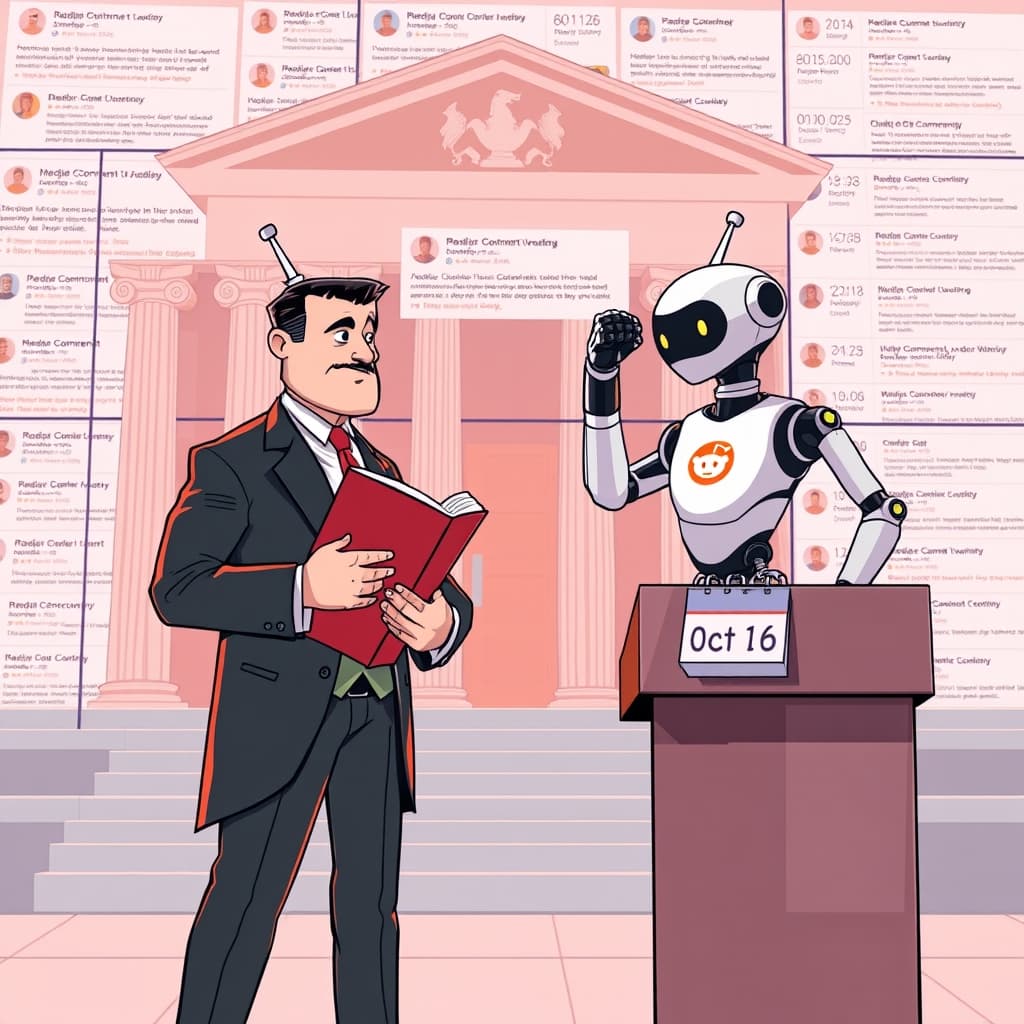 Create an original premium technology-news editorial illustration featuring a dominant figure representing Reddit’s legal team, depicted as a determined attorney holding a thick legal brief, standing before a stylized courthouse façade. The scene shows the attorney confronting a sleek, futuristic robot labeled “Claude” with a subtle Anthropic logo, symbolizing the AI company. In the background, a massive digital wall displays scrolling Reddit comment threads being intercepted by robotic arms, illustrating the alleged scraping. A calendar on a nearby podium highlights the date “Oct 16” to indicate the refile deadline. The composition emphasizes the legal confrontation while subtly referencing the 100,000 scrape incidents through faint numerical overlays on the wall. Use a clean, authoritative editorial style with muted corporate colors, ensuring the Reddit and Anthropic identities are recognizable but not overly branded. cinematic composition.