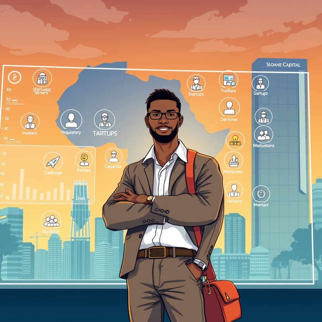 Create an original premium technology-news editorial illustration featuring a confident African tech entrepreneur standing before a large digital dashboard that displays AI‑driven matching icons linking startups to investors, tenders and mentorship symbols; in the background, a map of Africa highlights diverse regulatory and currency icons, while a sleek corporate building subtly bears the Sloane Capital logo to indicate capital provision; the scene conveys a bustling yet coordinated ecosystem where AI bridges fragmented opportunities, rendered in a clean, professional editorial style with balanced composition, cinematic composition.