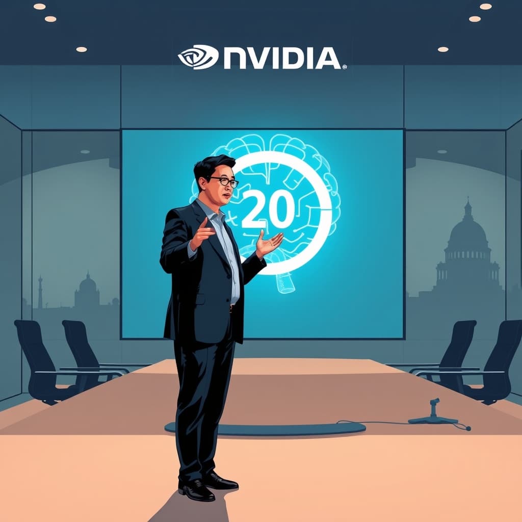 Create an original premium technology-news editorial illustration featuring Jensen Huang as the dominant figure standing in a modern Nvidia headquarters conference room, gesturing confidently toward a large digital display that shows a stylized AI brain with a zero percent symbol overlay; in the background, a subtle silhouette of a globe highlights global market reach, while a faint outline of a regulatory building represents policy discussions; the scene conveys Huang’s certainty and the tension between industry optimism and regulatory scrutiny; use a sleek, realistic editorial style with muted corporate colors and minimal text; cinematic composition.